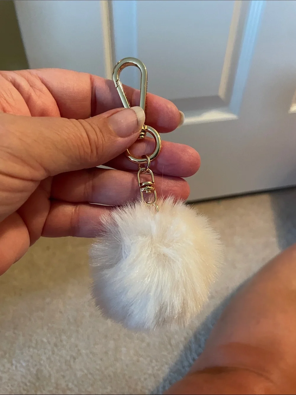 White Faux Fur Pom Keychain with Gold Clip